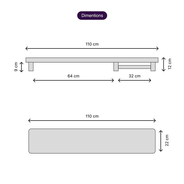 Detailed schematic of shelf dimensions showing length (110 cm) and varied heights (9 cm, 12 cm, 22 cm).