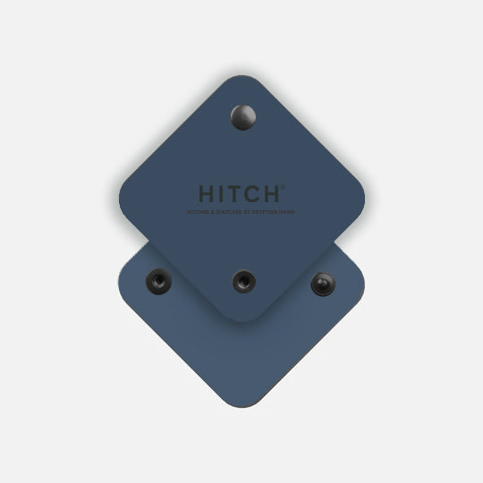 Blue Hitch logo on a modern cord warp with shadows and button details.