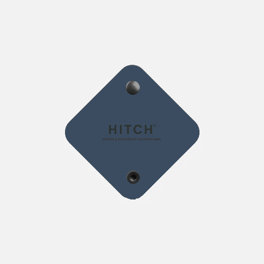 Navy blue diamond-shaped cord wrap with the text "HITCH" against a light grey background.