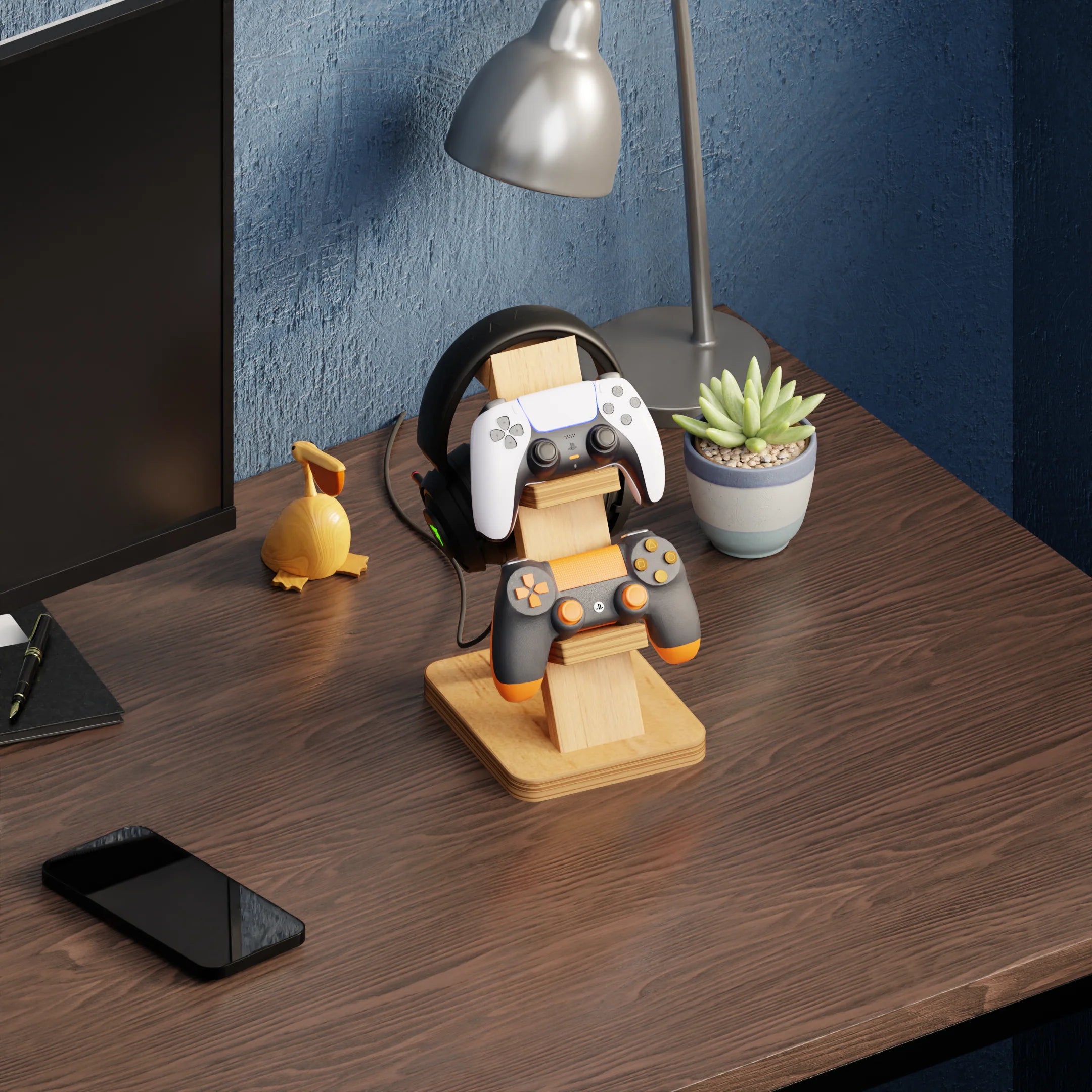 Dual controllers on wooden stand with a headphone stand on a desk.