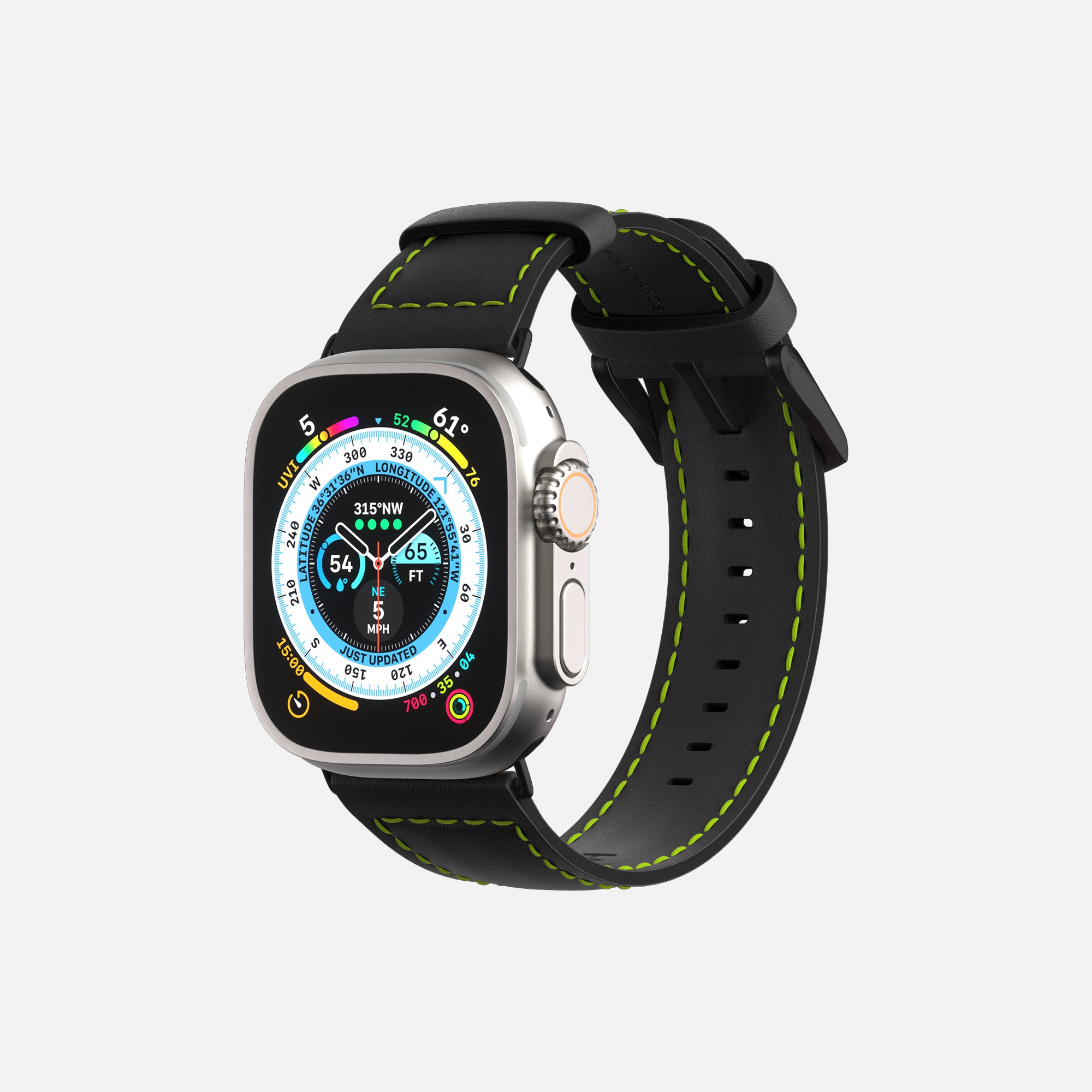 Apple Smartwatch with digital compass face, black strap with green stitching on a white background."