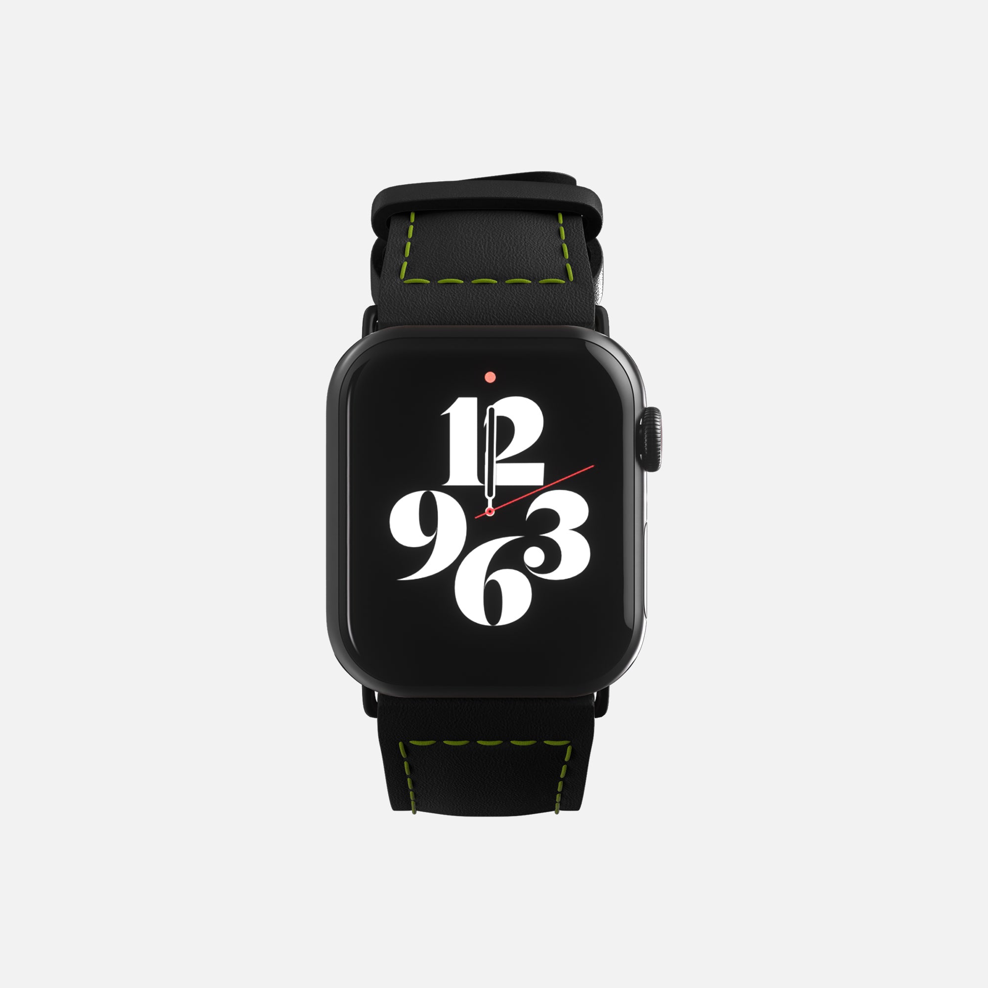 Modern Apple smartwatch with black strap and stylized clock face displaying time 1:23".