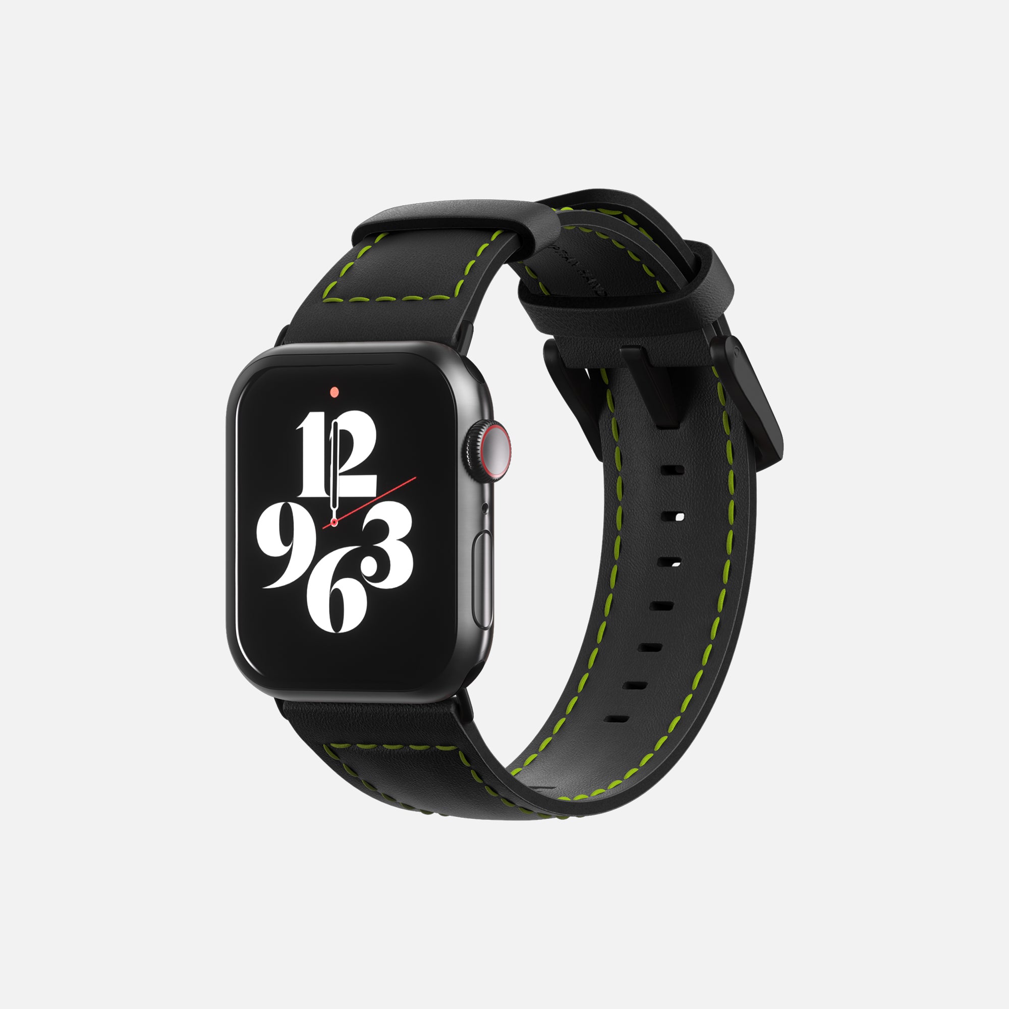 Front view of an Apple smartwatch with stylish numerals on display and black strap with green stitching.