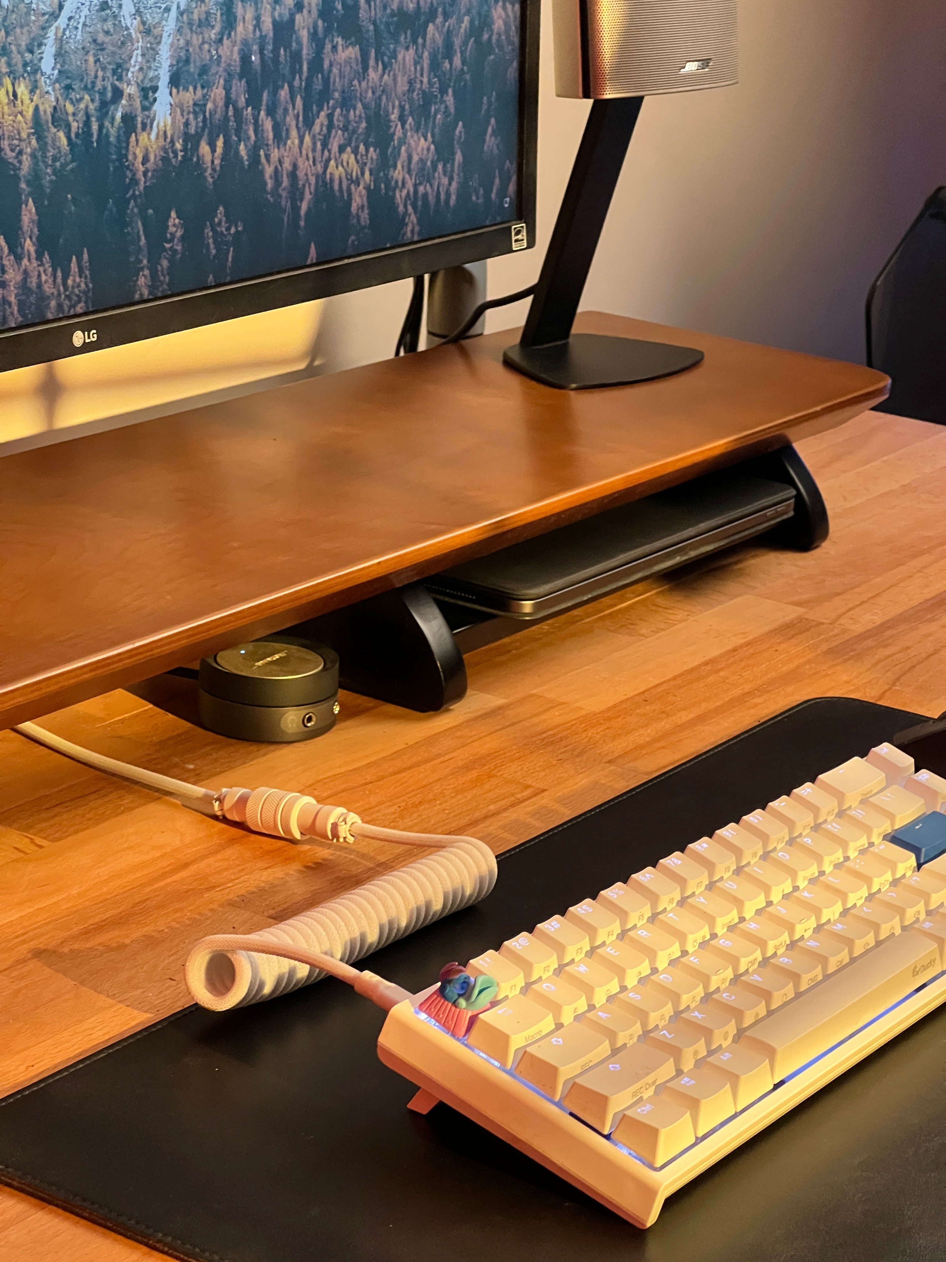 Modern home office setup with LG monitor, mechanical keyboard, desk mat, and speakers woodsy desk shelf.