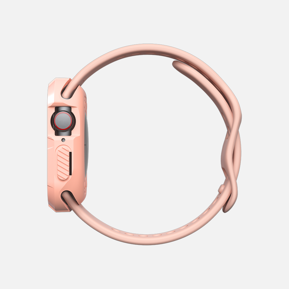 Side view of a rose gold smartwatch on a white background