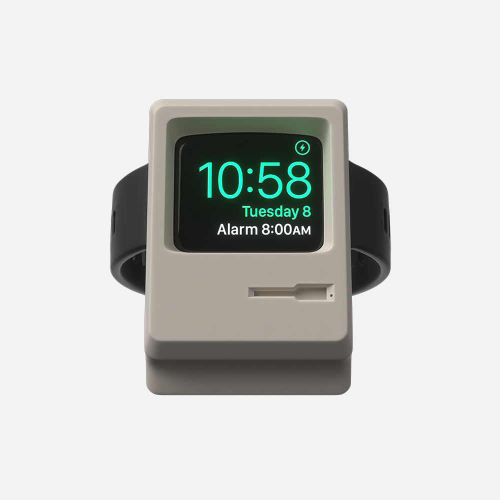 Smartwatch displaying time and date with alarm notification on screen, isolated on white background.