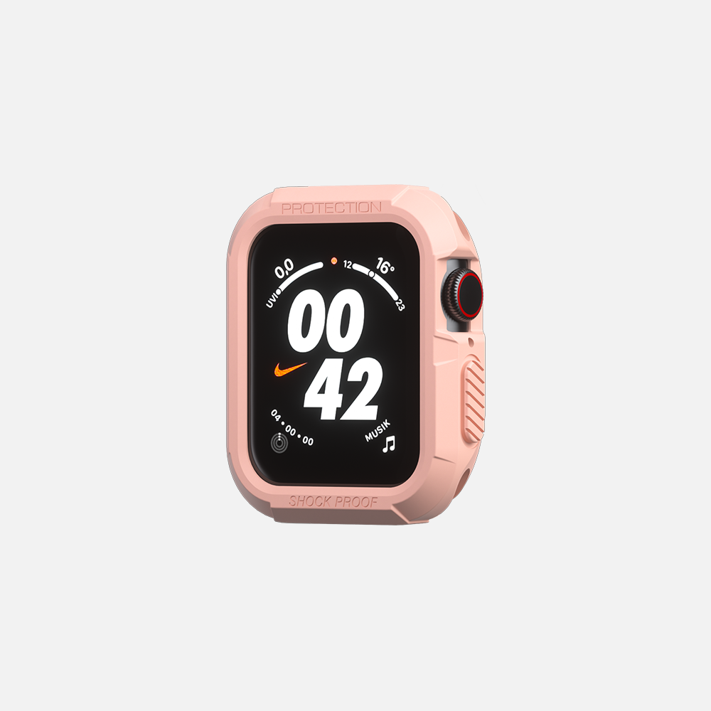 Pink smartwatch with black digital display, Nike logo, and shockproof design on a white background.