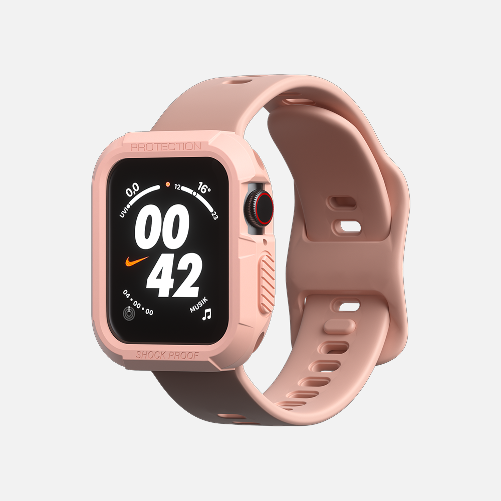 Rose gold smartwatch with black digital display on white background"