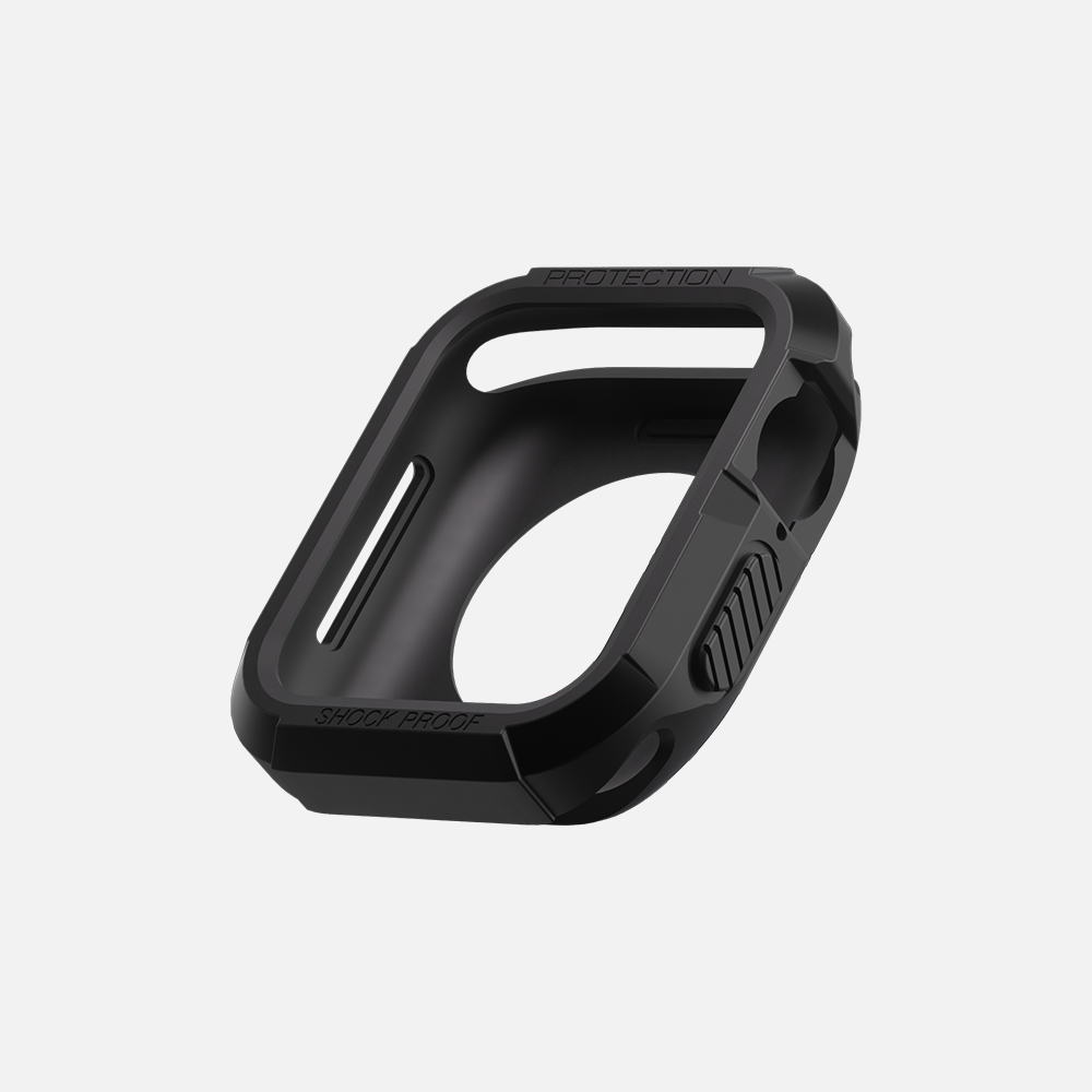 Black shockproof smartwatch case on a white background.