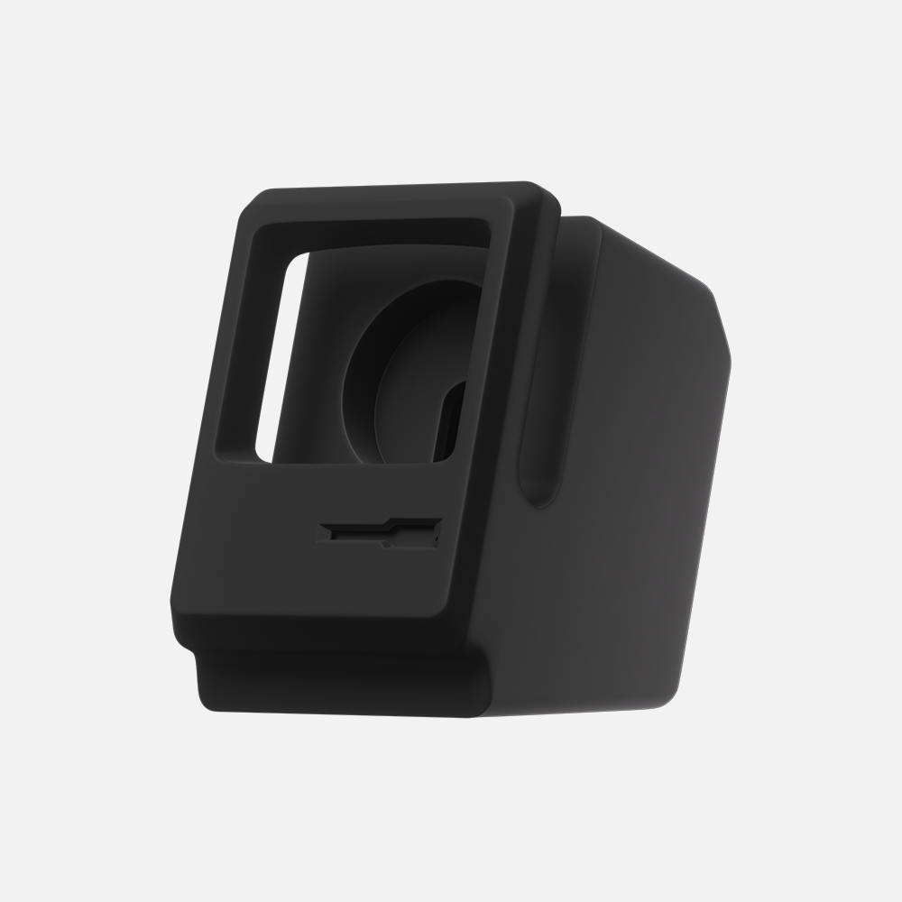 Black Hitch Macintosh Apple watch stand on white background