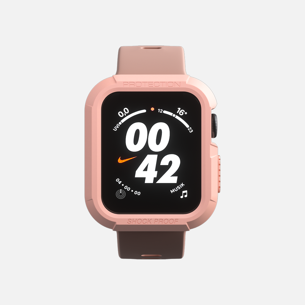 Rose gold smartwatch displaying time on a digital screen, isolated on white background."