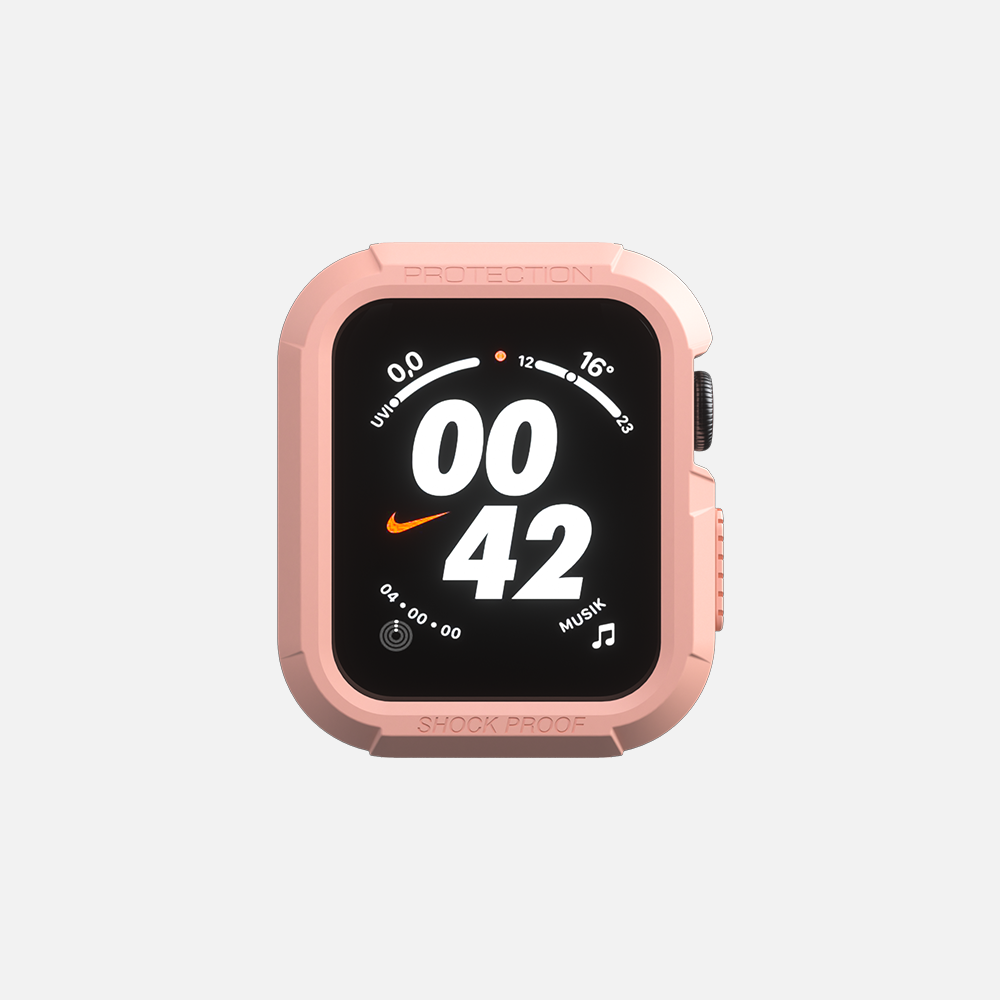 Rose gold smartwatch displaying time and Nike logo on a digital screen, shockproof on a white background