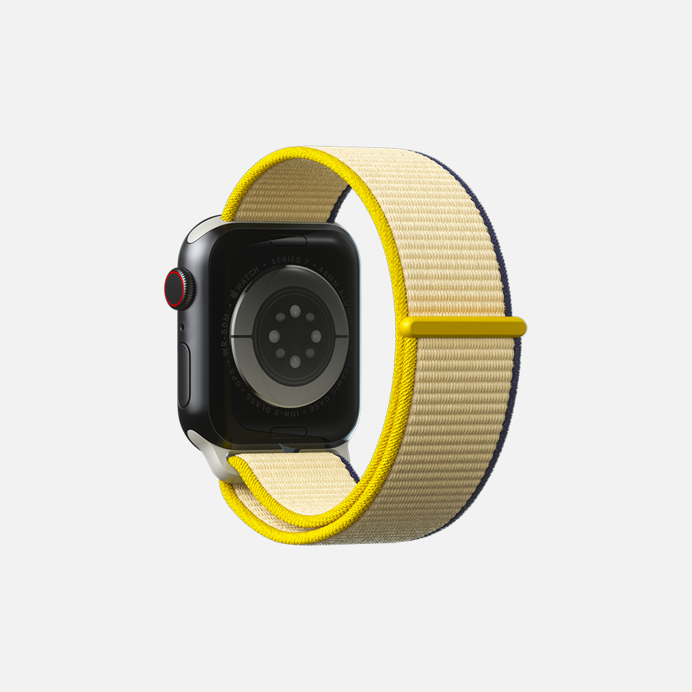 Smartwatch with yellow and beige woven band on white background.