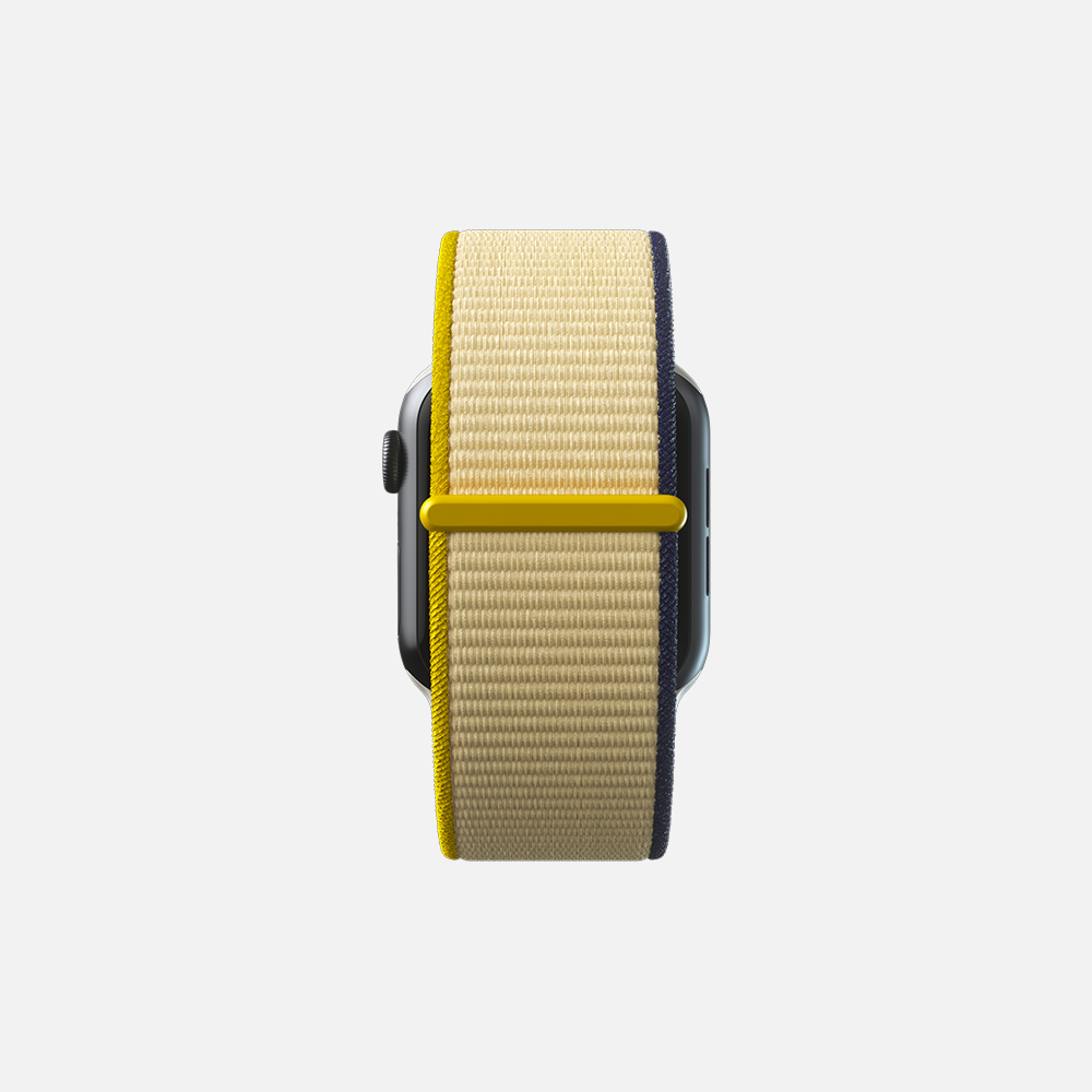 Smartwatch with yellow and beige woven nylon band isolated on a white background."