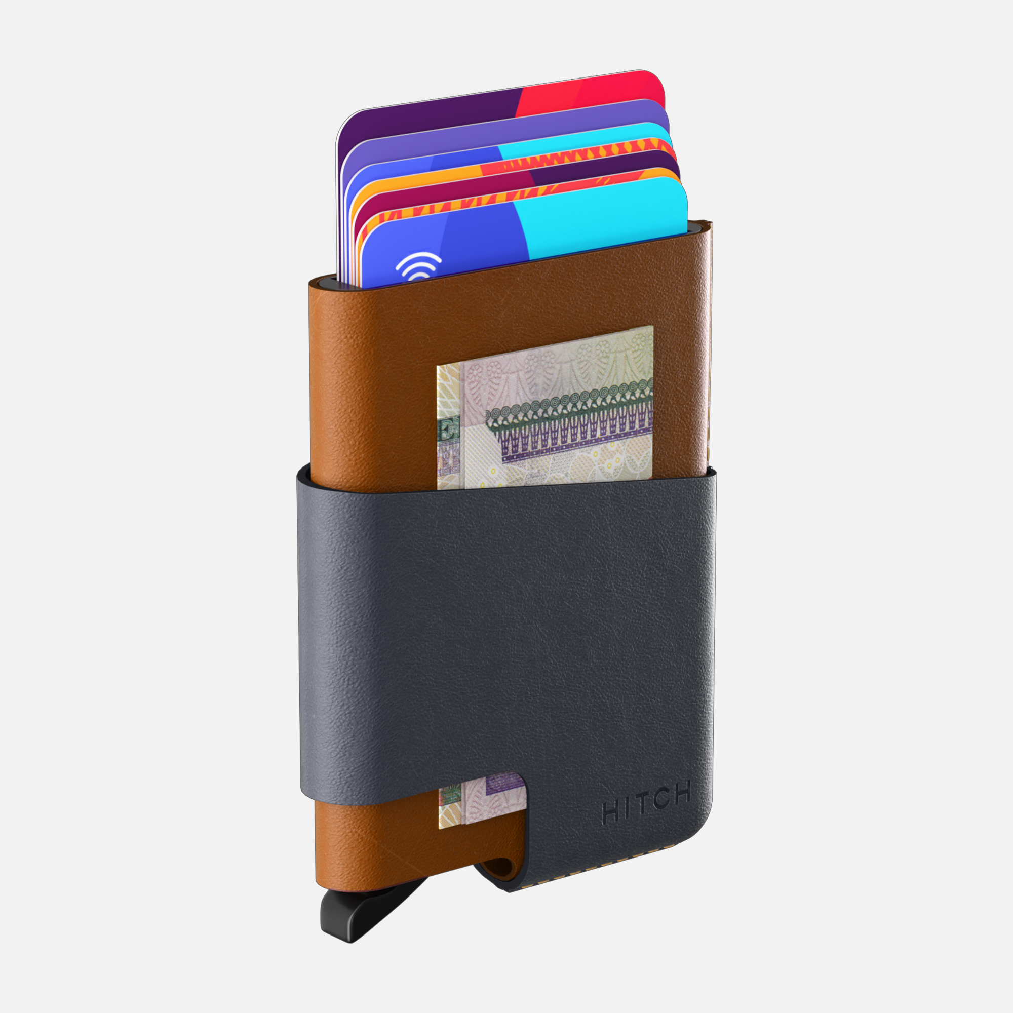 Slim two-tone leather cardholder wallet with cards and cash on a white background.