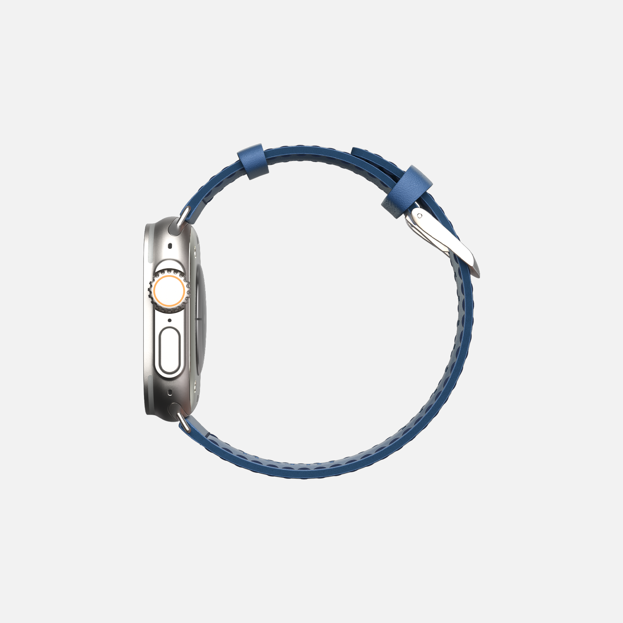 Side view of a silver smartwatch with a blue leather strap on a white background.