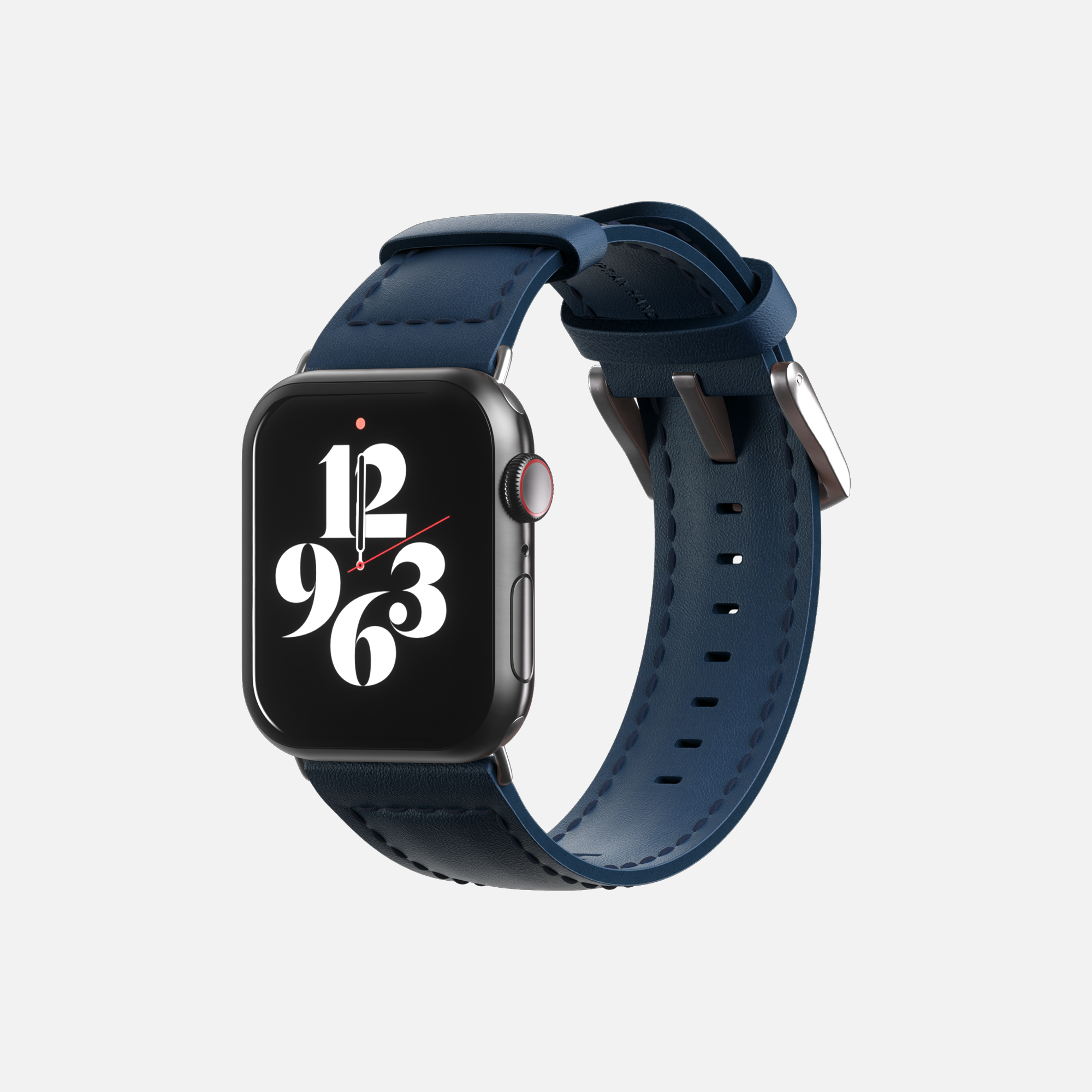 Apple Smartwatch with navy blue strap, digital display showing time in bold numerals on a black background.