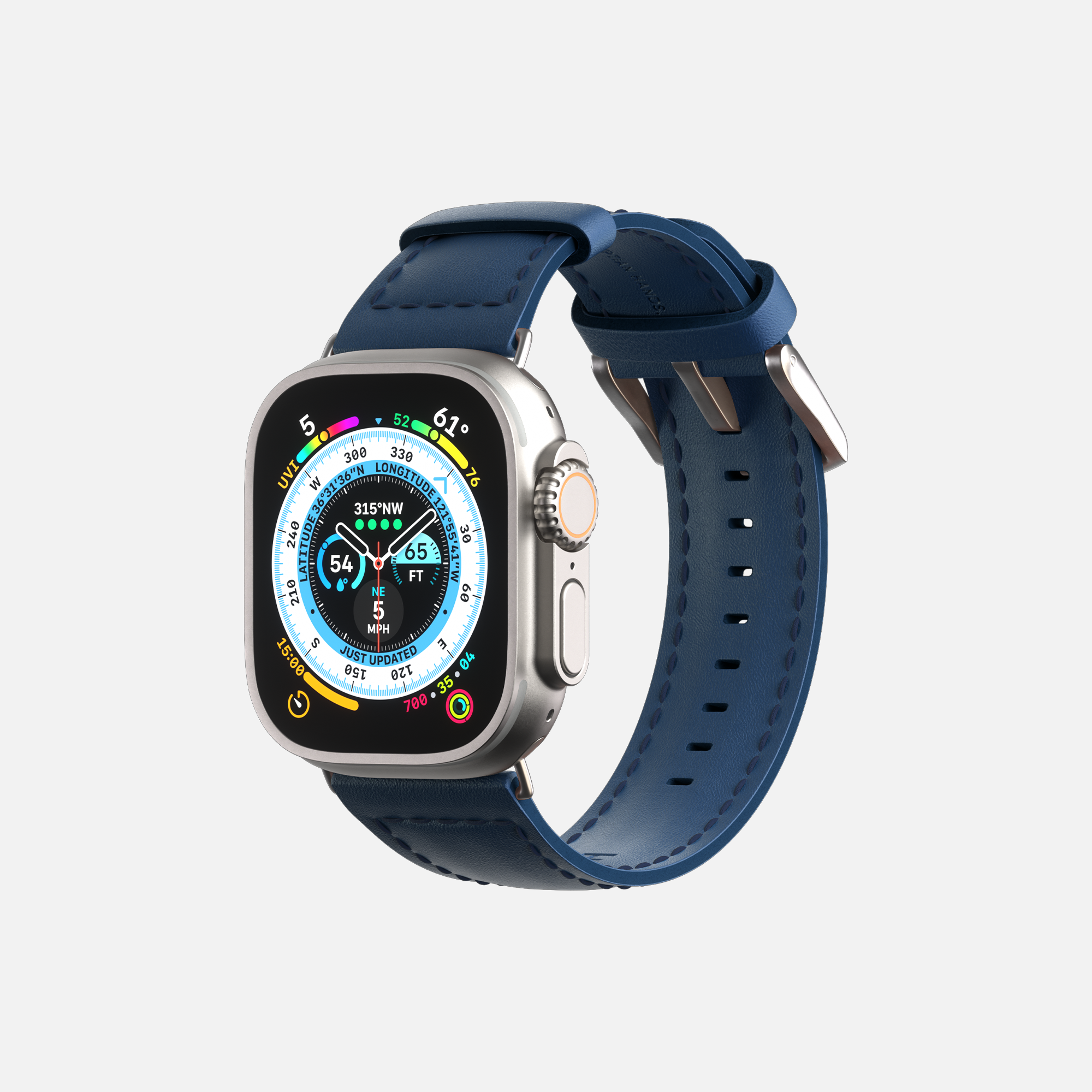 Apple Smartwatch with blue strap, digital compass display, and silver casing on a white background.