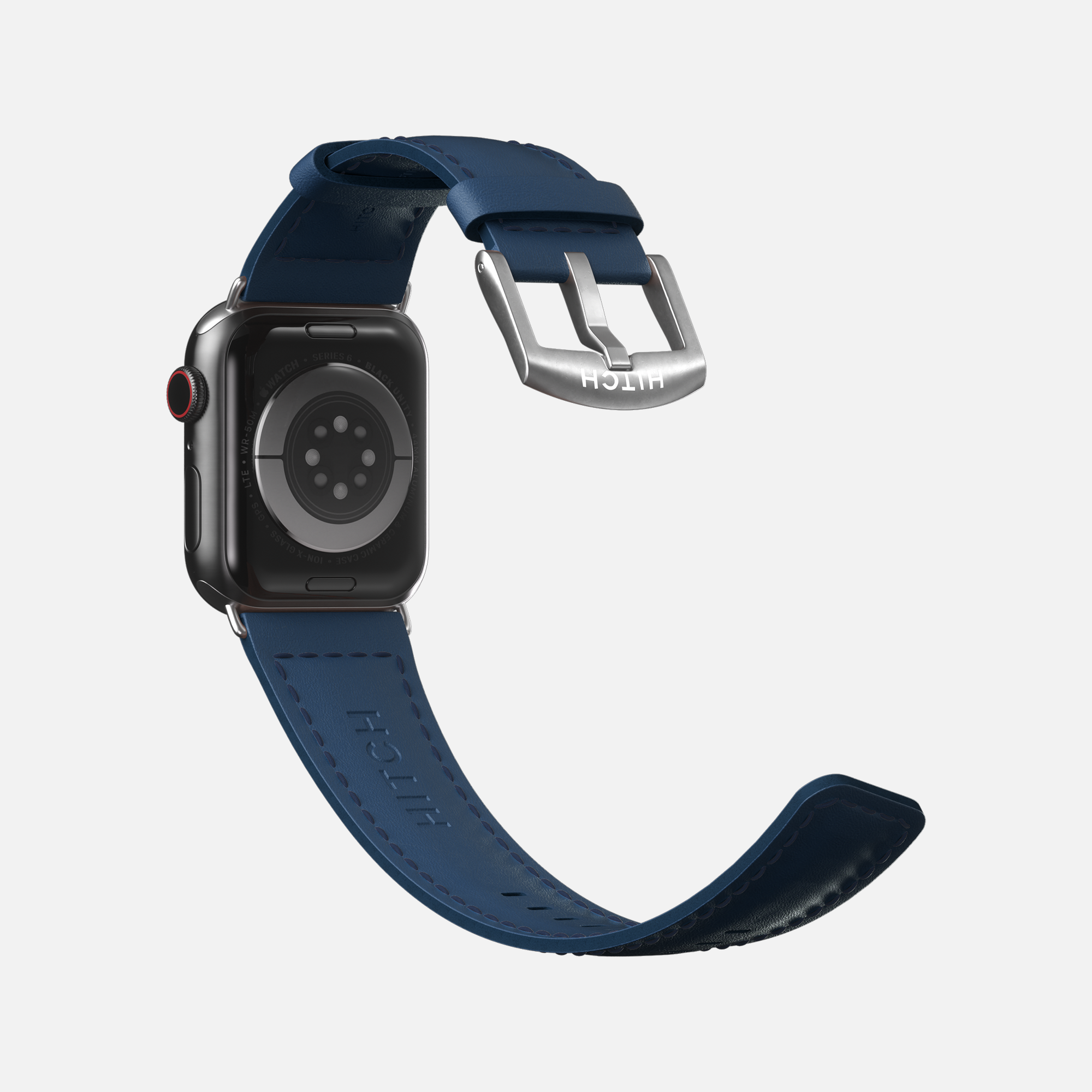 Apple smartwatch with a navy blue leather strap and a stainless steel buckle on a white background.