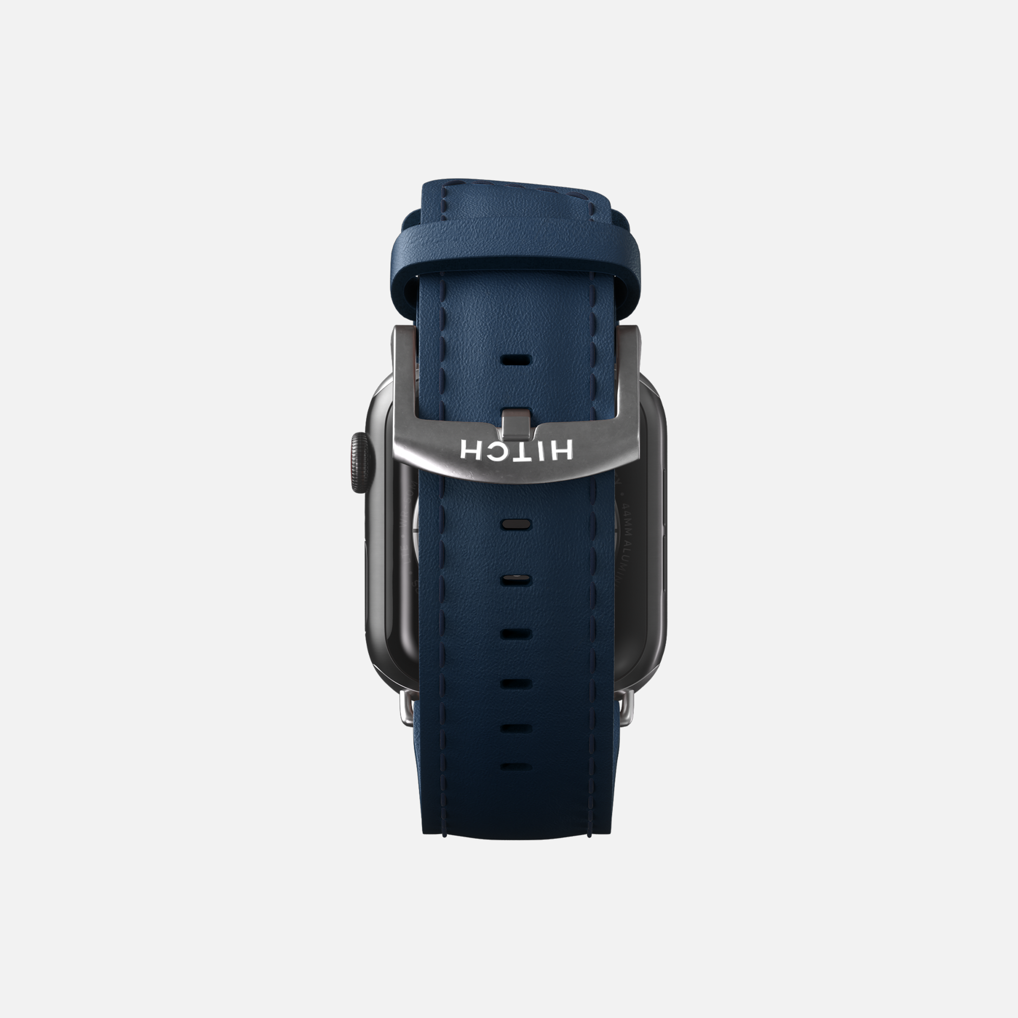 Blue leather Apple smartwatch band with silver buckle on a white background.