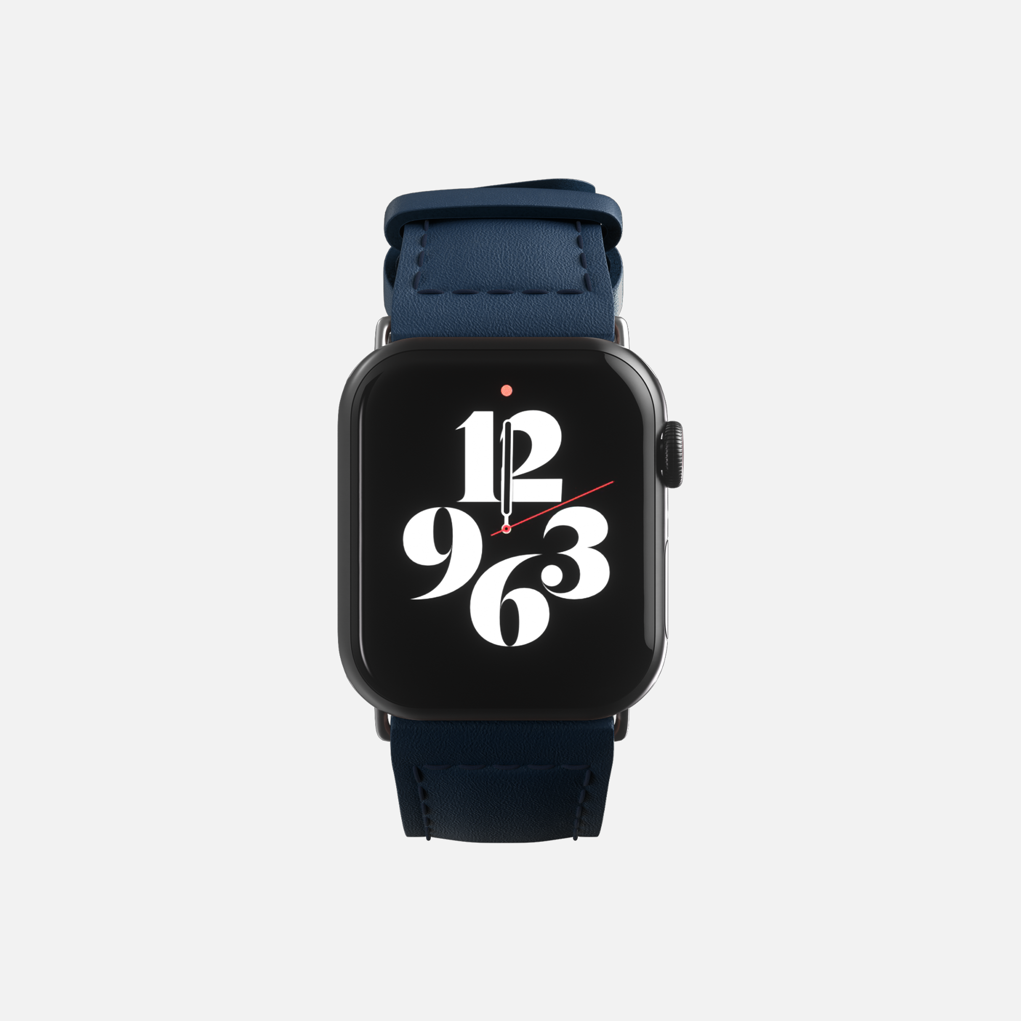 Modern Apple  smartwatch with blue strap and stylized clock face design on white background.