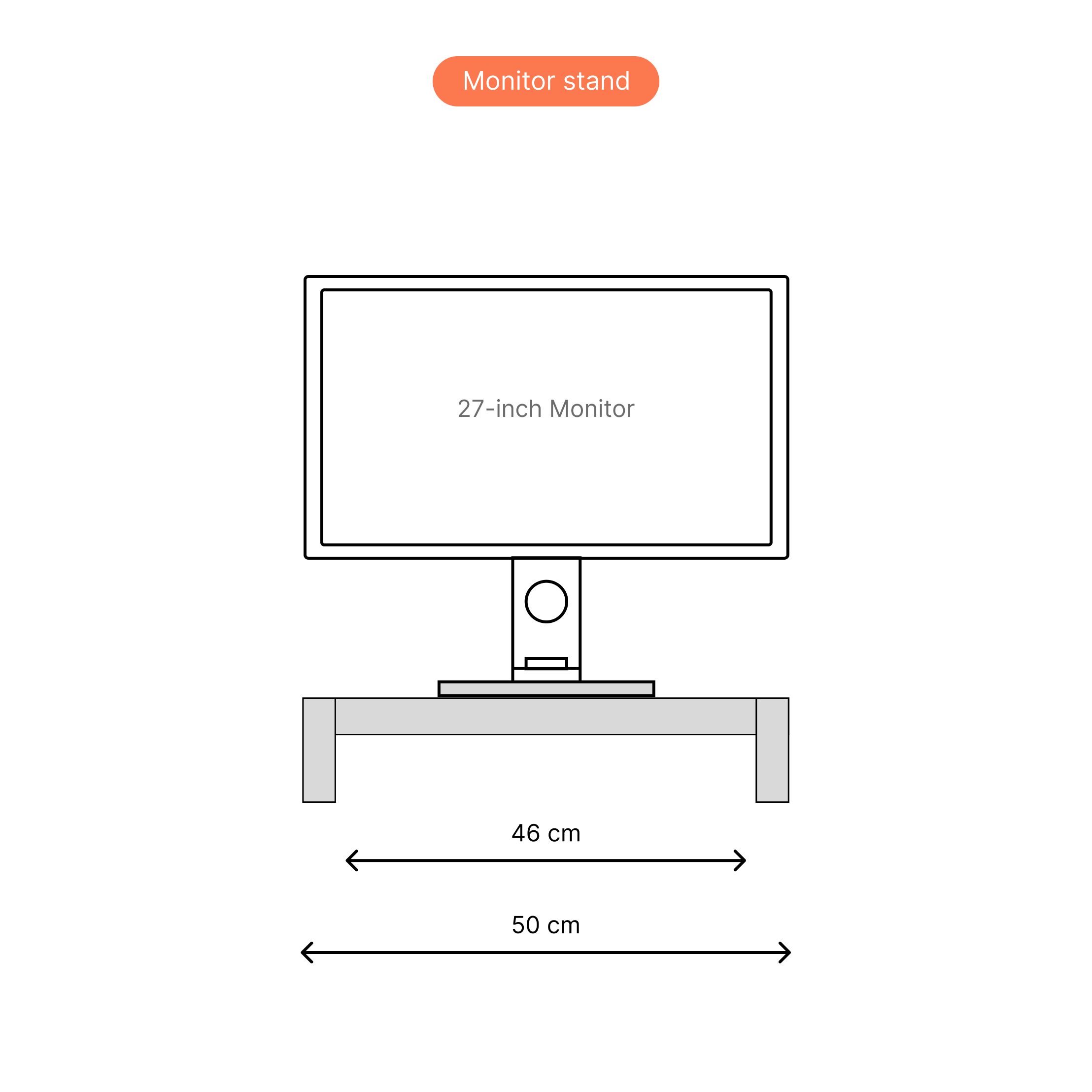 Line drawing of a 27-inch monitor on a stand with dimensions 46cm and 50cm labeled for office ergonomics."