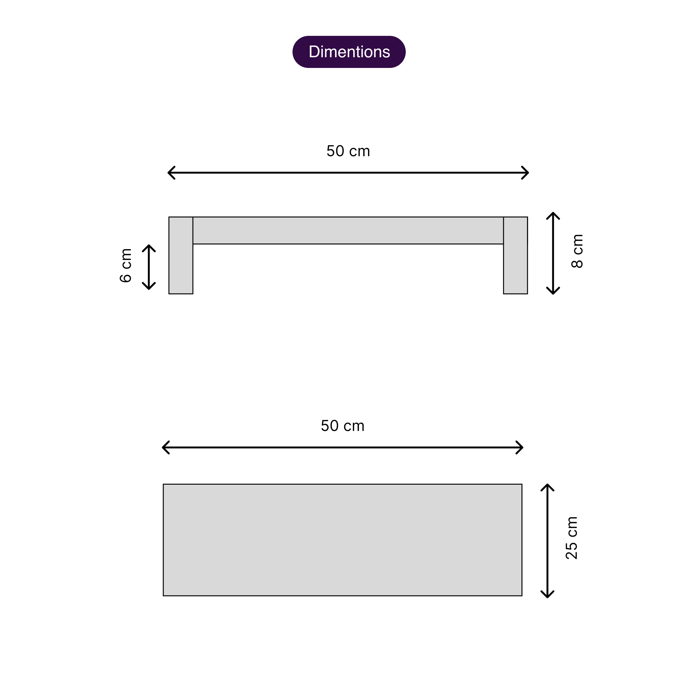 Technical drawing with dimensions of a 50 cm wide object, showing top and side views with height measurements.