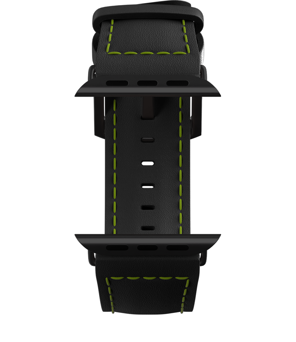 Black leather Apple watch strap with green stitching on a dark background.