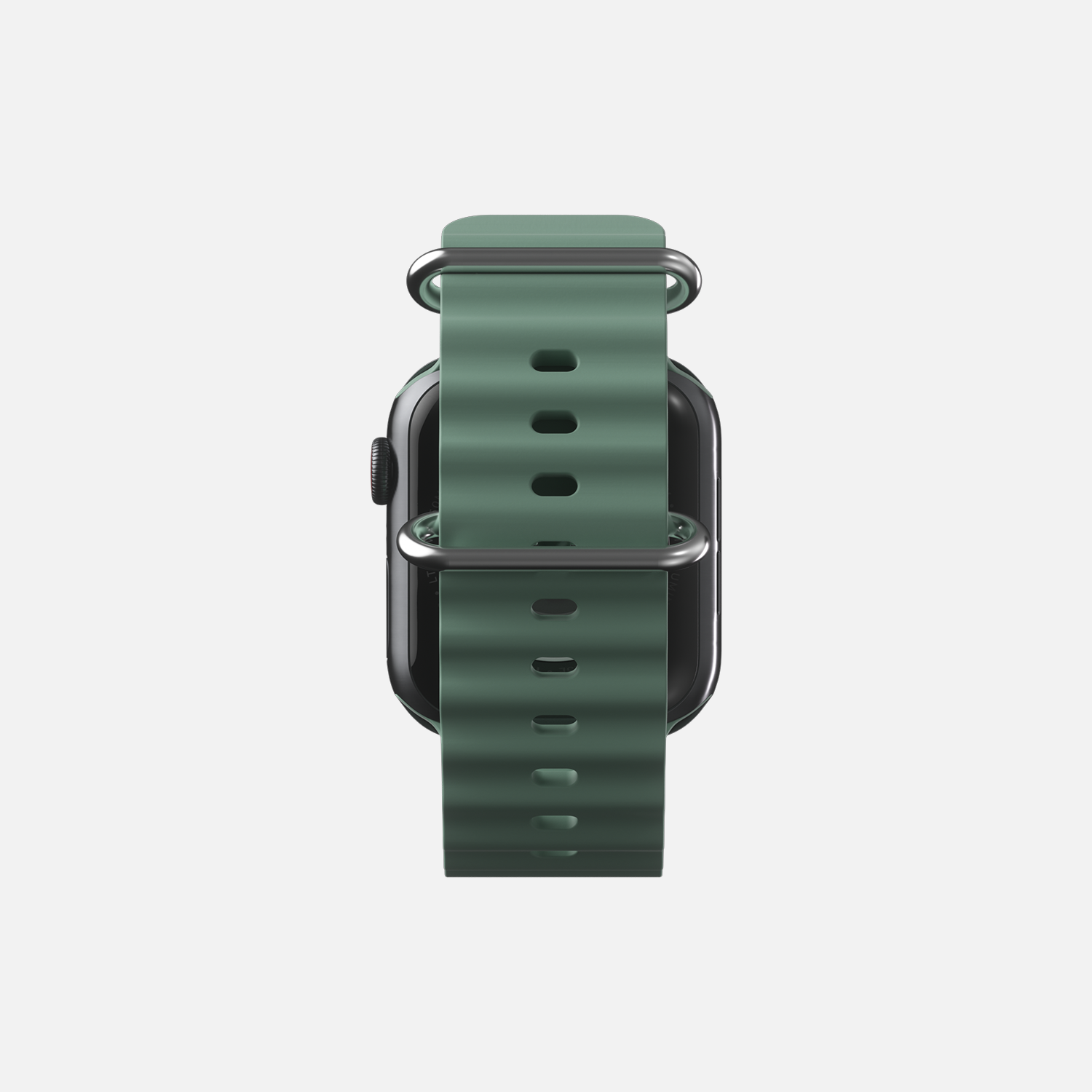 Rear view of a green smartwatch with silicone strap on white background.