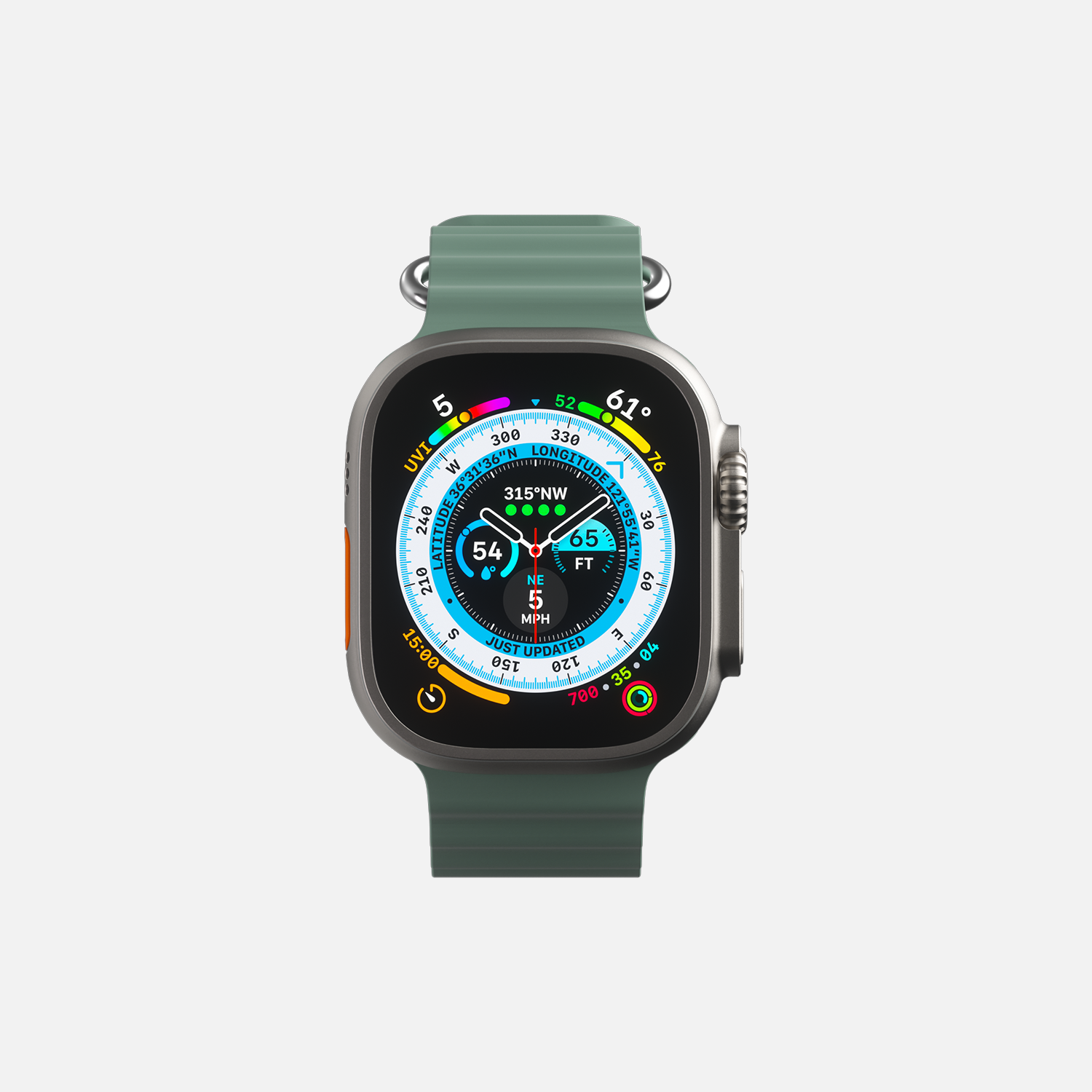 Front view of a smartwatch with green strap on white background.