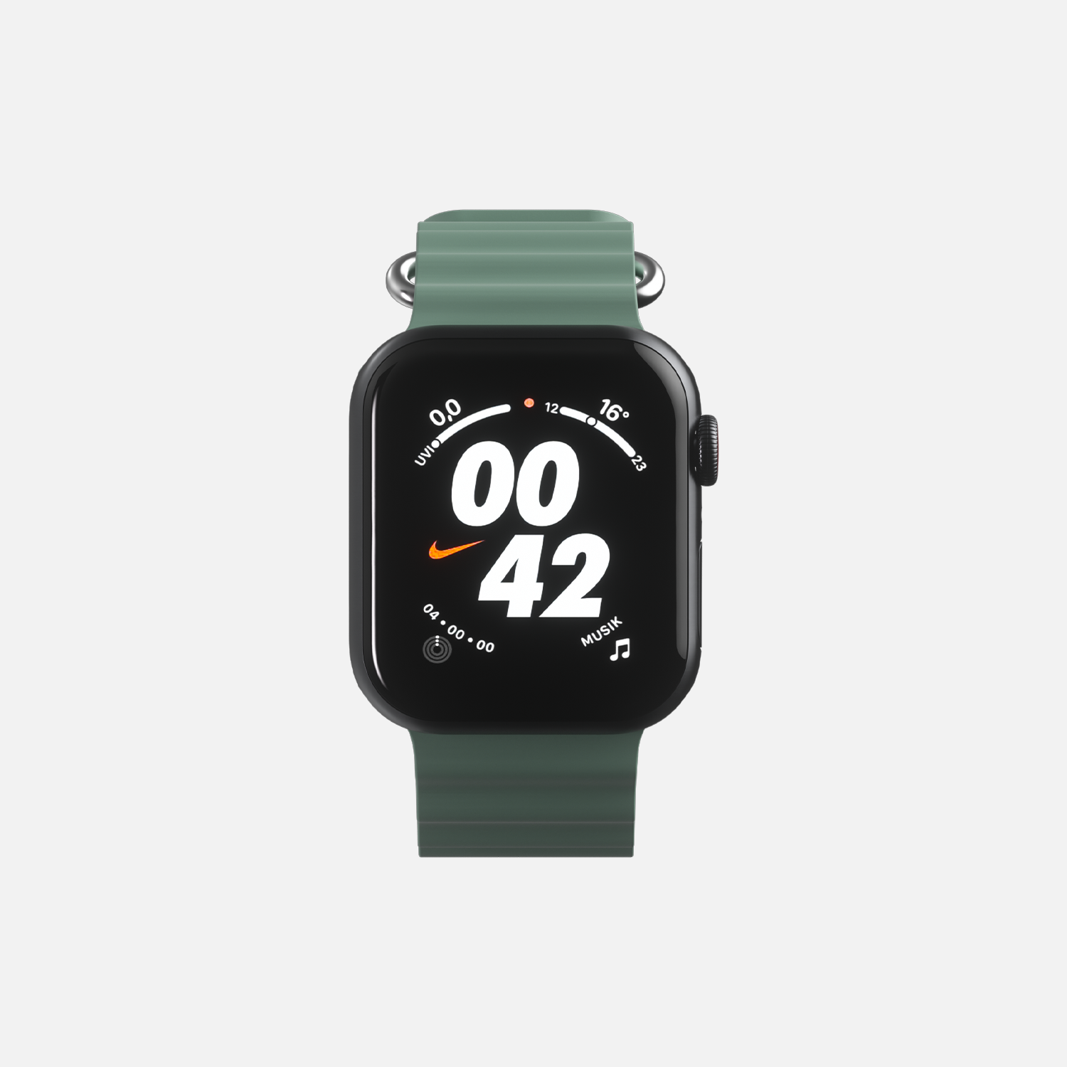 Smart fitness watch with green strap displaying time and Nike logo on screen, isolated on white background."