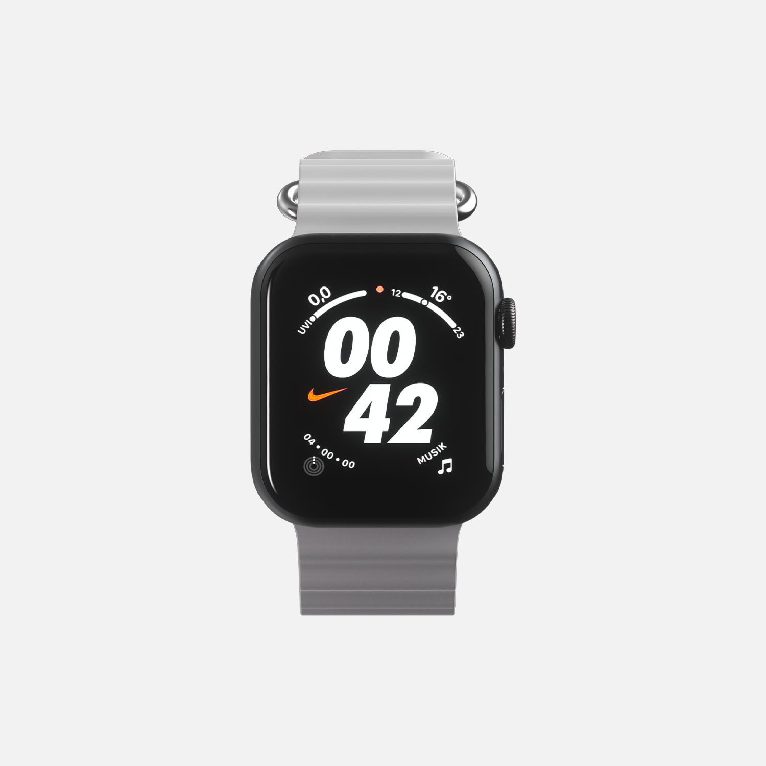 Smartwatch with Nike logo on display showcasing time and fitness tracker on a white background.