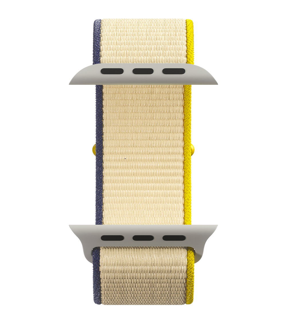 Yellow and beige woven fabric watch band with silver connectors on white background.