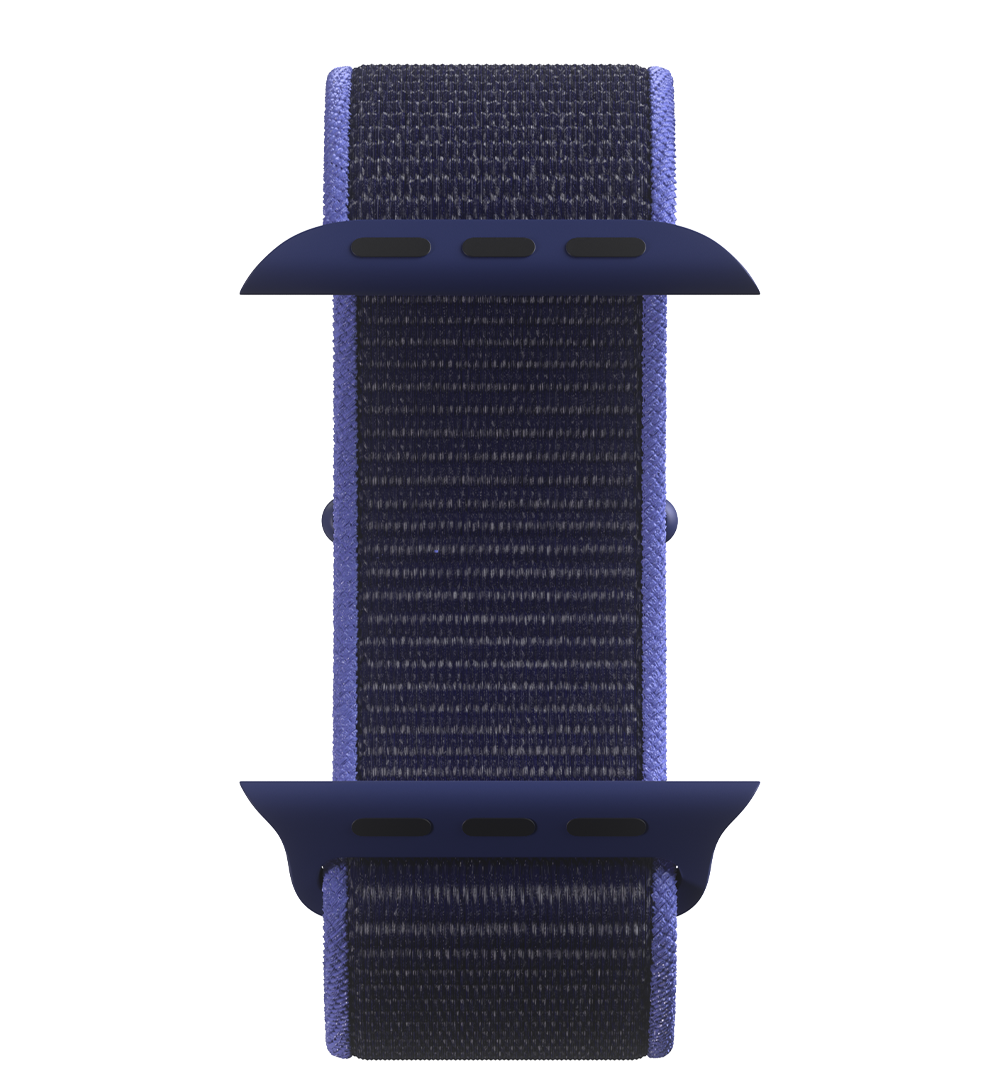 Top view of a smartwatch band in dark blue nylon loop style