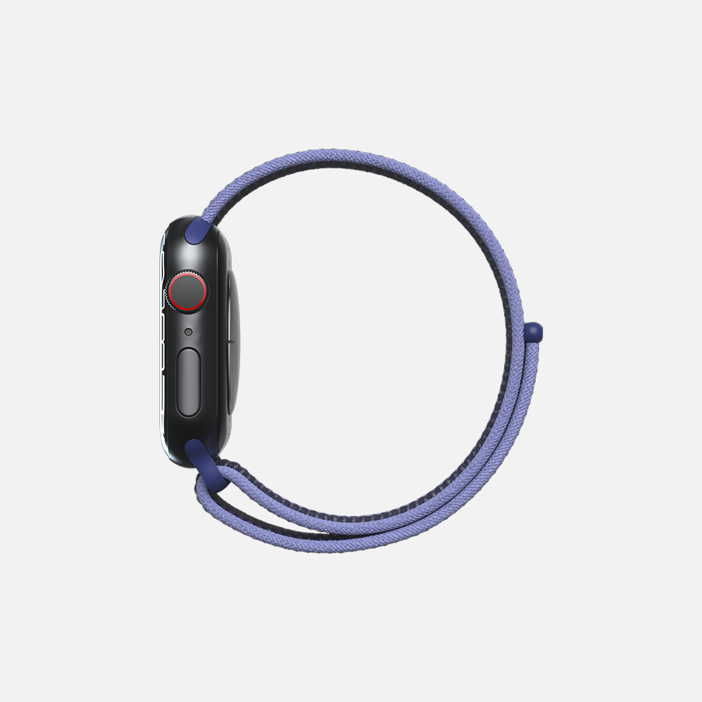 Side view of smartwatch with dark blue loop band and red crown